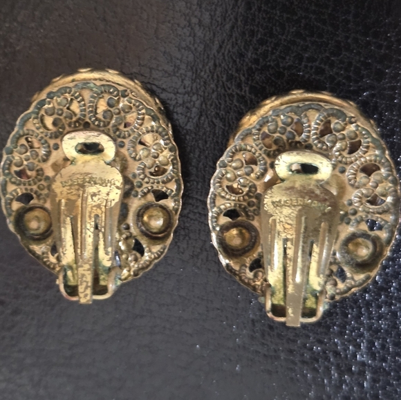 VTG West Germany Earrings Porcelain Floral Rhinestone Gold Tone Filagree Clip-On - Picture 2 of 5